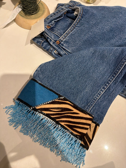 32” blue zebra beaded fringe denim